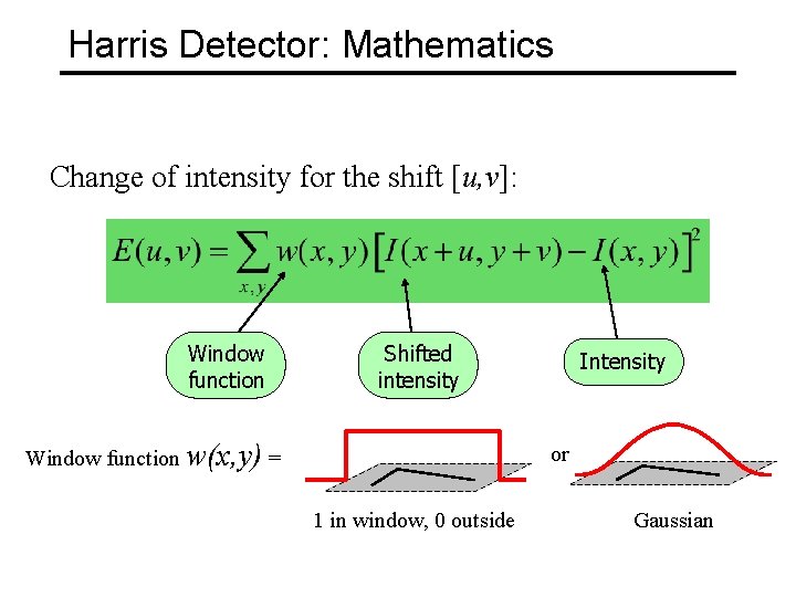 Harris Detector: Mathematics Change of intensity for the shift [u, v]: Window function Shifted