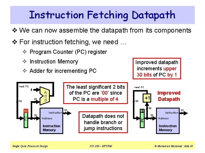 Instruction Fetching Datapath v We can now assemble the datapath from its components v