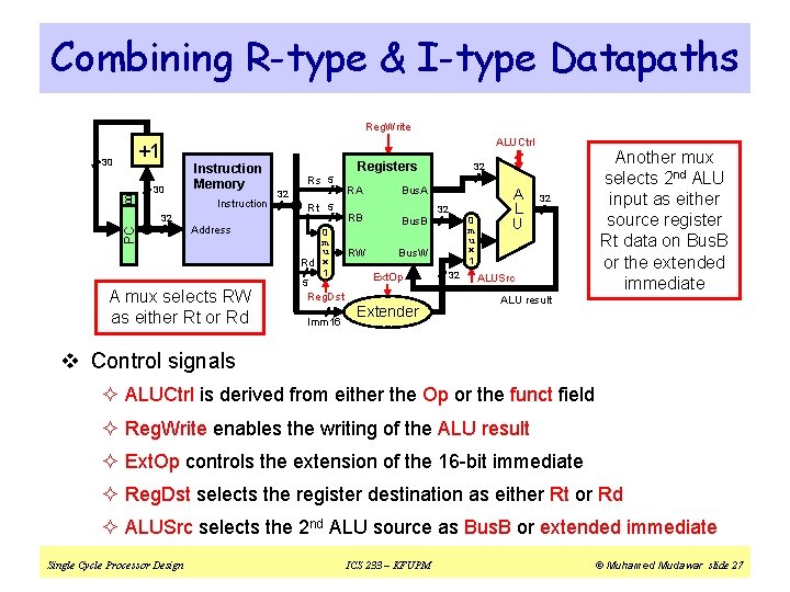Combining R-type & I-type Datapaths Reg. Write ALUCtrl +1 00 30 30 Instruction Memory