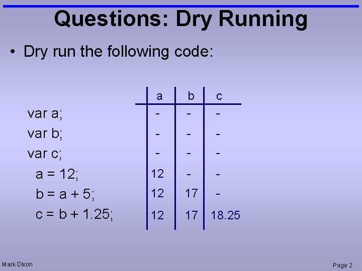 Questions: Dry Running • Dry run the following code: var a; var b; var