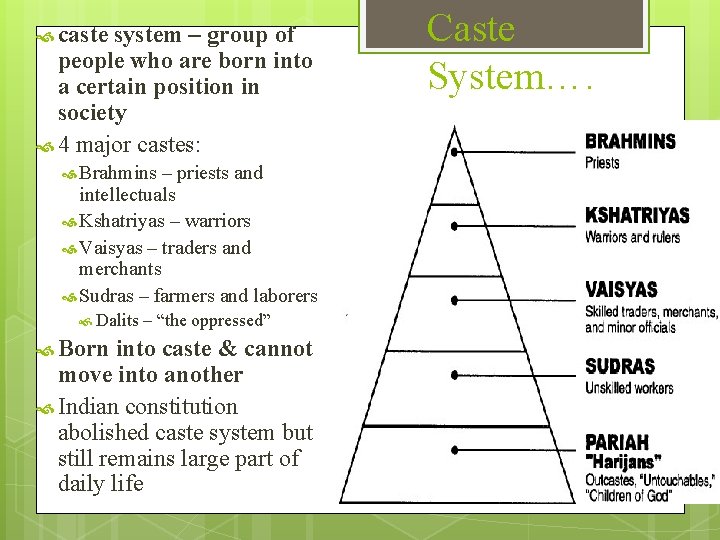  caste system – group of people who are born into a certain position