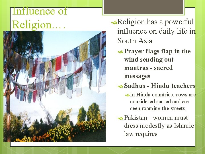 Influence of Religion…. Religion has a powerful influence on daily life in South Asia