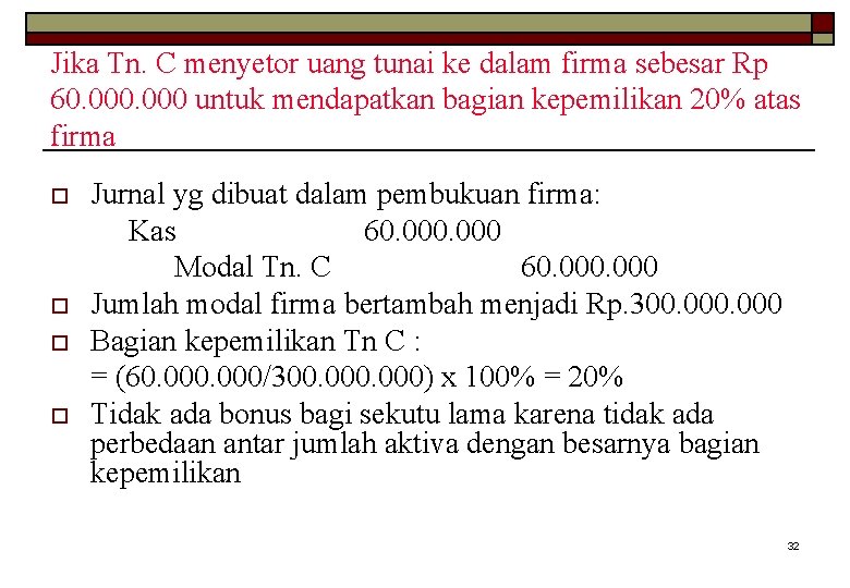 Jika Tn. C menyetor uang tunai ke dalam firma sebesar Rp 60. 000 untuk