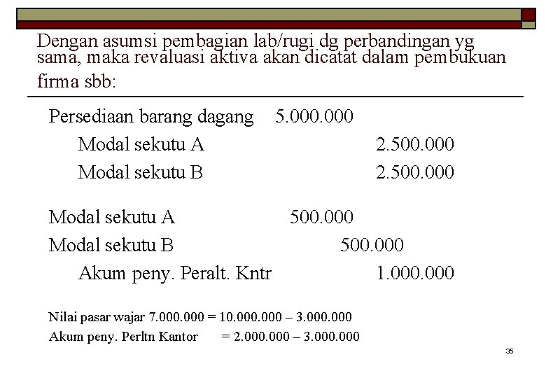 Dengan asumsi pembagian lab/rugi dg perbandingan yg sama, maka revaluasi aktiva akan dicatat dalam