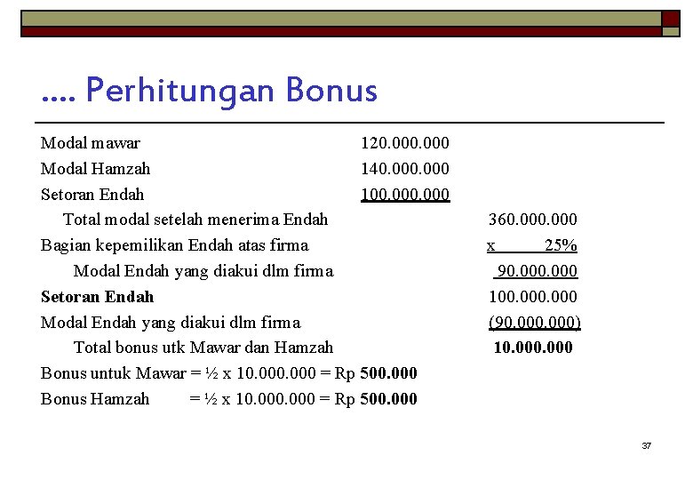 …. Perhitungan Bonus Modal mawar 120. 000 Modal Hamzah 140. 000 Setoran Endah 100.