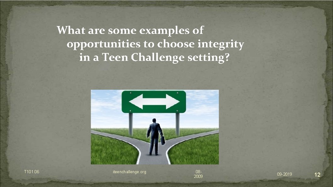 What are some examples of opportunities to choose integrity in a Teen Challenge setting?