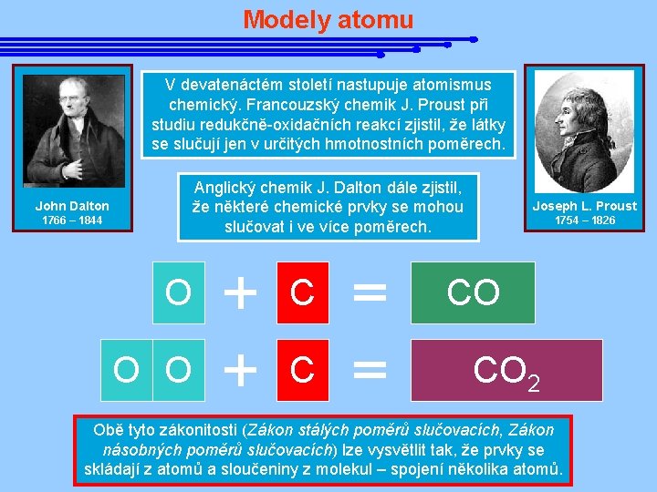 Modely atomu V devatenáctém století nastupuje atomismus chemický. Francouzský chemik J. Proust při studiu