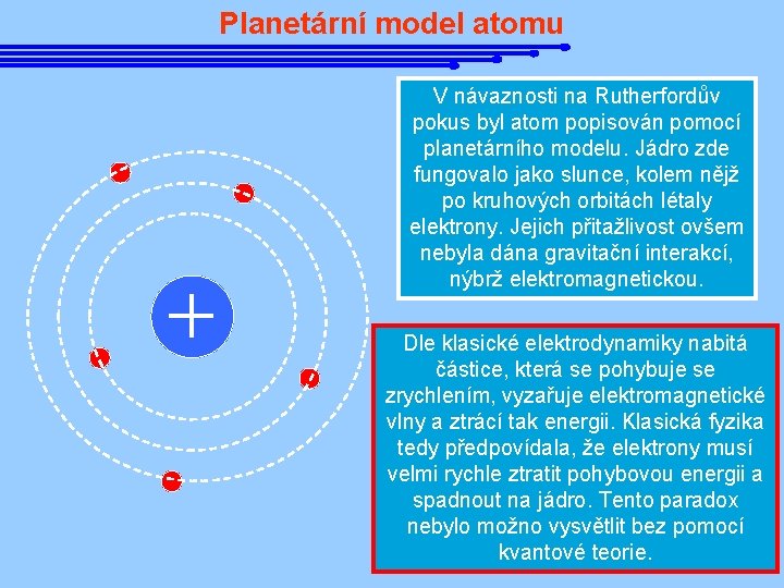 Planetární model atomu V návaznosti na Rutherfordův pokus byl atom popisován pomocí planetárního modelu.