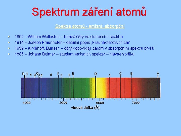 Spektrum záření atomů Spektra atomů - emisní, absorpční § § 1802 – William Wollaston