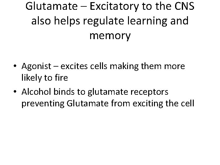 Glutamate – Excitatory to the CNS also helps regulate learning and memory • Agonist