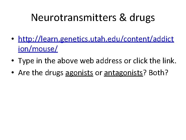 Neurotransmitters & drugs • http: //learn. genetics. utah. edu/content/addict ion/mouse/ • Type in the