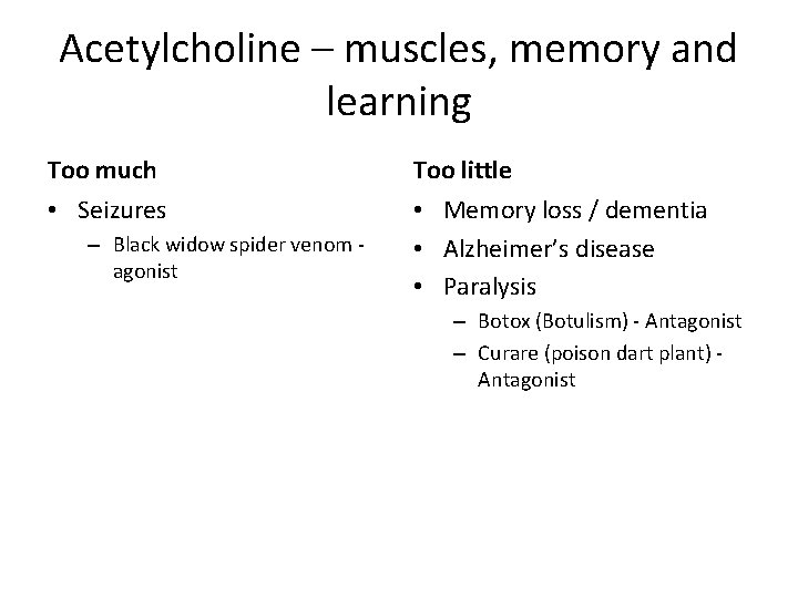Acetylcholine – muscles, memory and learning Too much Too little • Seizures • Memory