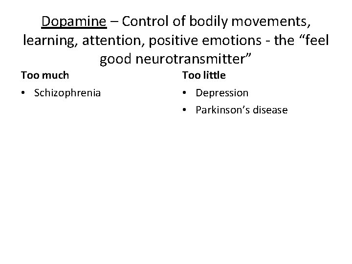 Dopamine – Control of bodily movements, learning, attention, positive emotions - the “feel good