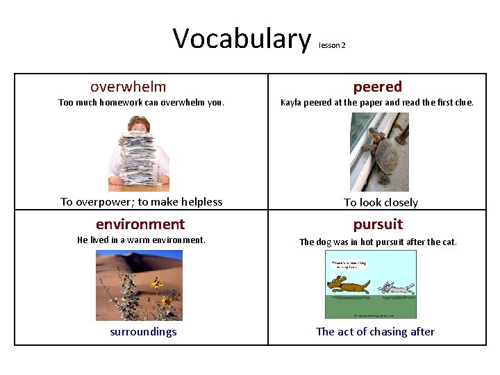 Vocabulary overwhelm Too much homework can overwhelm you. lesson 2 peered Kayla peered at