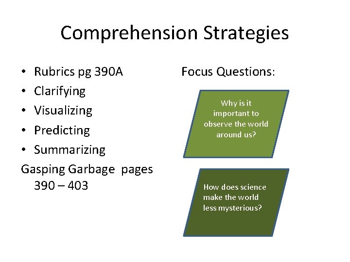 Comprehension Strategies • Rubrics pg 390 A • Clarifying • Visualizing • Predicting •