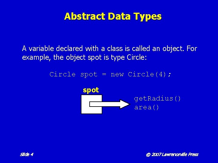 Abstract Data Types A variable declared with a class is called an object. For