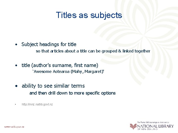 Titles as subjects • Subject headings for title so that articles about a title