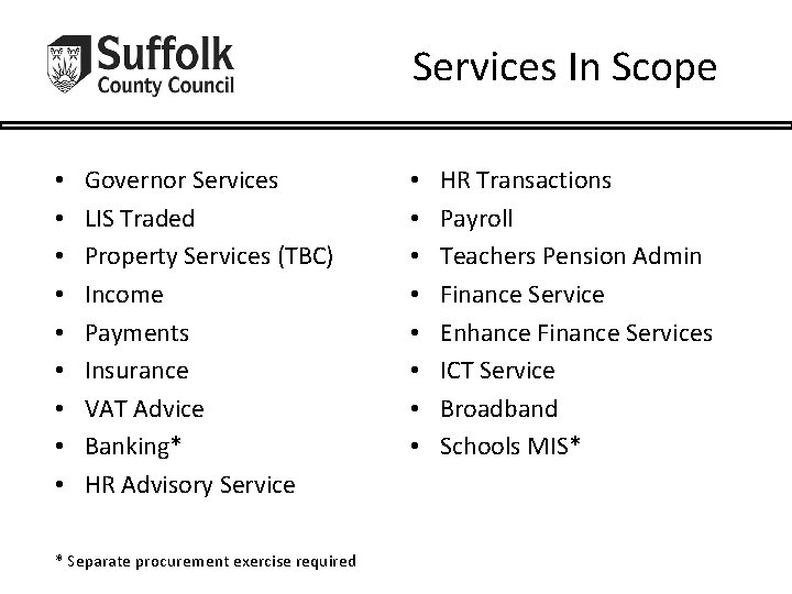 Services In Scope • • • Governor Services LIS Traded Property Services (TBC) Income