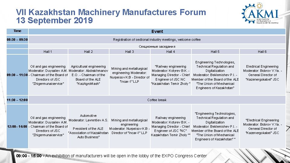 VII Kazakhstan Machinery Manufactures Forum 13 September 2019 Time Event 08: 30 – 09: