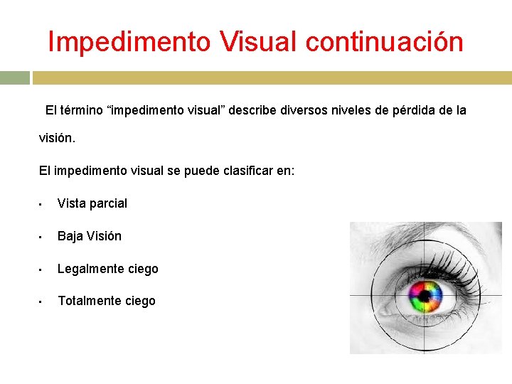 Impedimento Visual continuación El término “impedimento visual” describe diversos niveles de pérdida de la