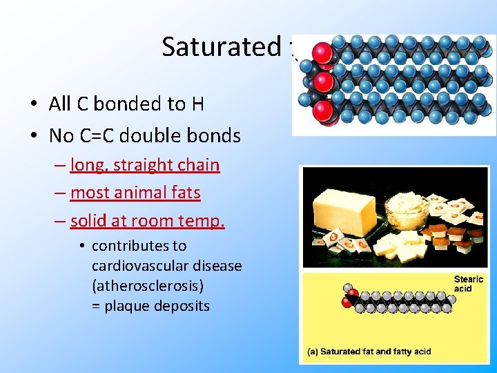 Saturated fats • All C bonded to H • No C=C double bonds –