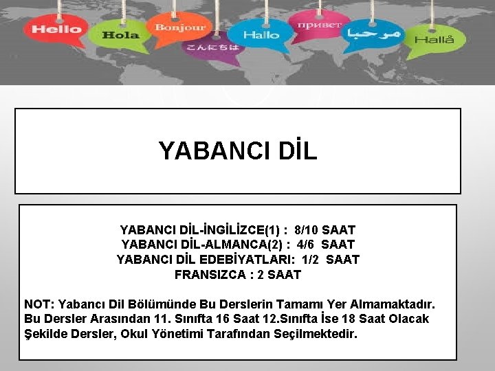 YABANCI DİL-İNGİLİZCE(1) : 8/10 SAAT YABANCI DİL-ALMANCA(2) : 4/6 SAAT YABANCI DİL EDEBİYATLARI: 1/2