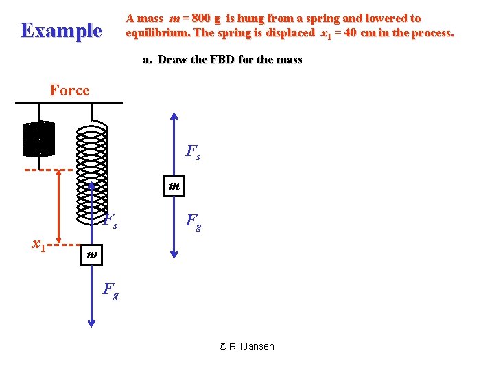 Example A mass m = 800 g is hung from a spring and lowered