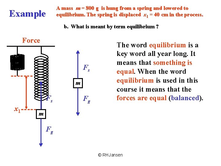 Example A mass m = 800 g is hung from a spring and lowered