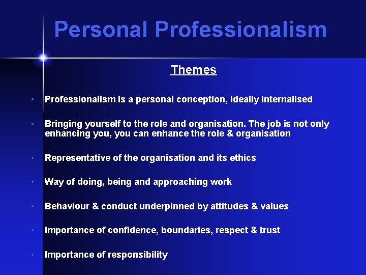 Personal Professionalism Themes • Professionalism is a personal conception, ideally internalised • Bringing yourself