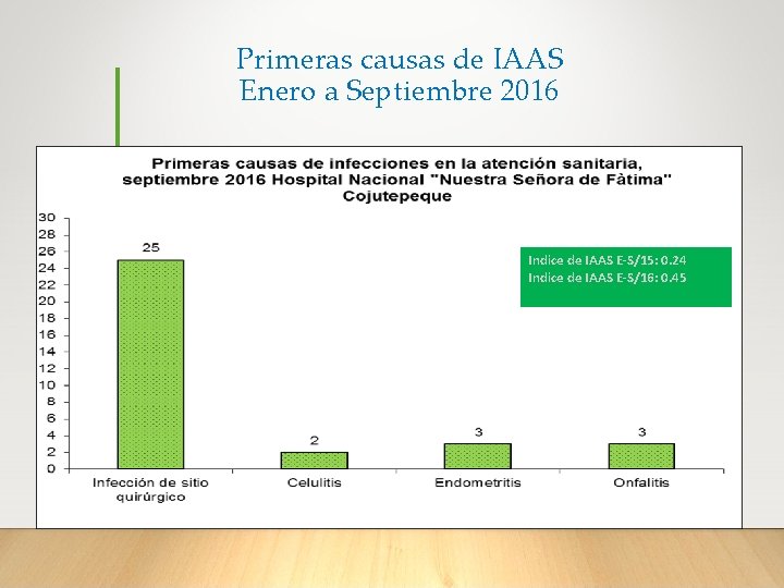 Primeras causas de IAAS Enero a Septiembre 2016 Indice de IAAS E-S/15: 0. 24
