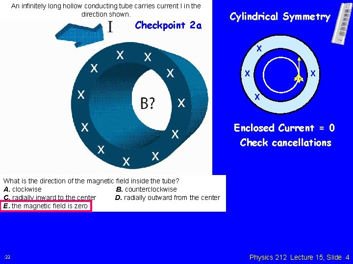 An infinitely long hollow conducting tube carries current I in the direction shown. Checkpoint