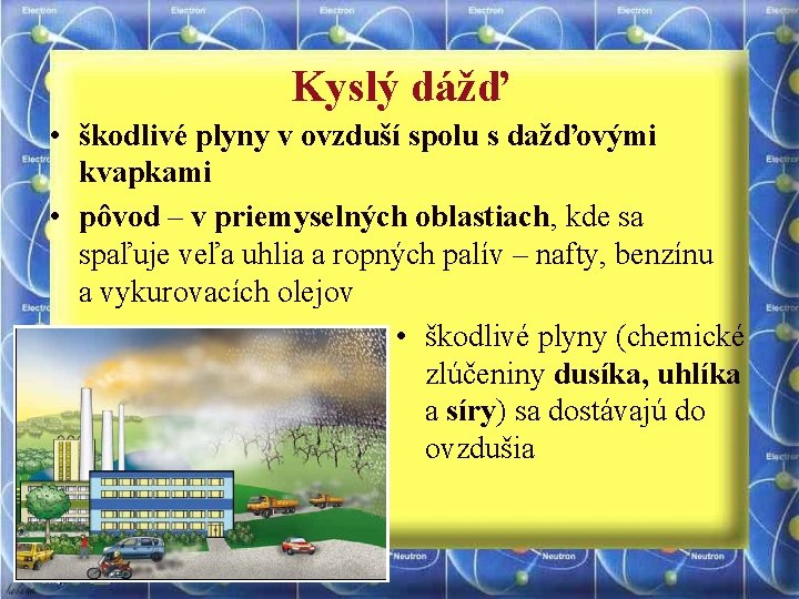 Kyslý dážď • škodlivé plyny v ovzduší spolu s dažďovými kvapkami • pôvod –