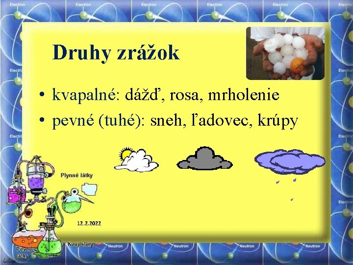 Druhy zrážok • kvapalné: dážď, rosa, mrholenie • pevné (tuhé): sneh, ľadovec, krúpy 12.