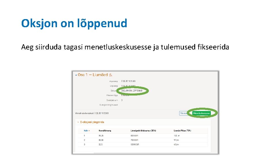 Oksjon on lõppenud Aeg siirduda tagasi menetluskeskusesse ja tulemused fikseerida 