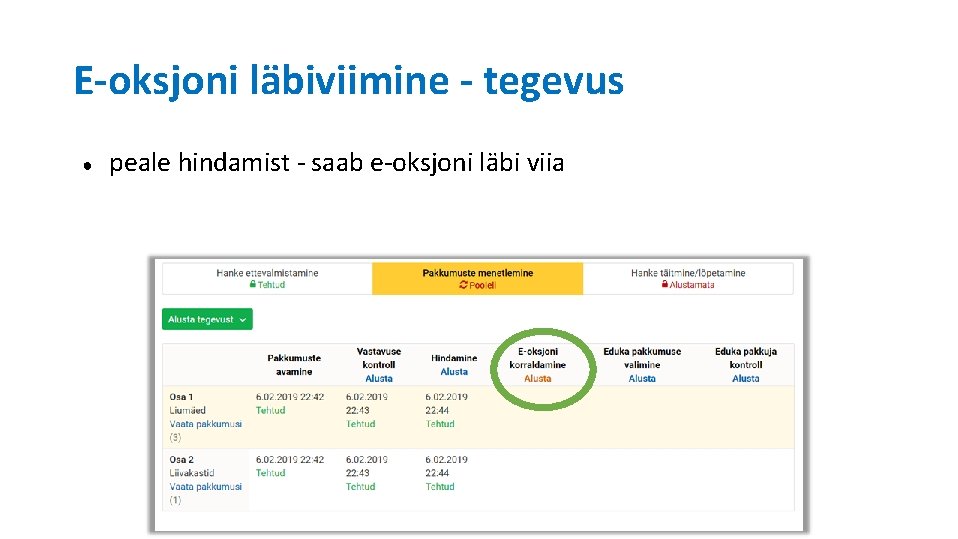 E-oksjoni läbiviimine - tegevus ● peale hindamist - saab e-oksjoni läbi viia 