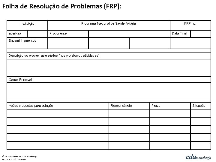 Folha de Resolução de Problemas (FRP): Instituição abertura Programa Nacional de Saúde Aviária FRP