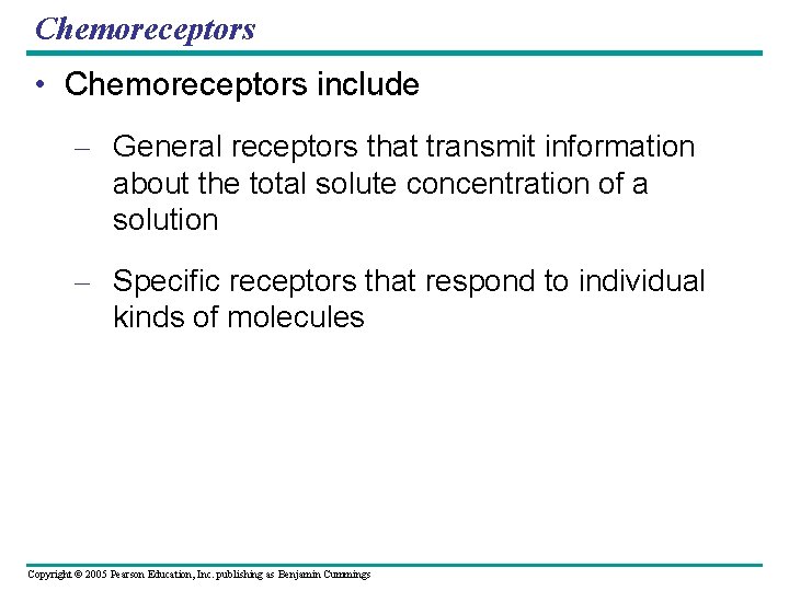 Chemoreceptors • Chemoreceptors include – General receptors that transmit information about the total solute
