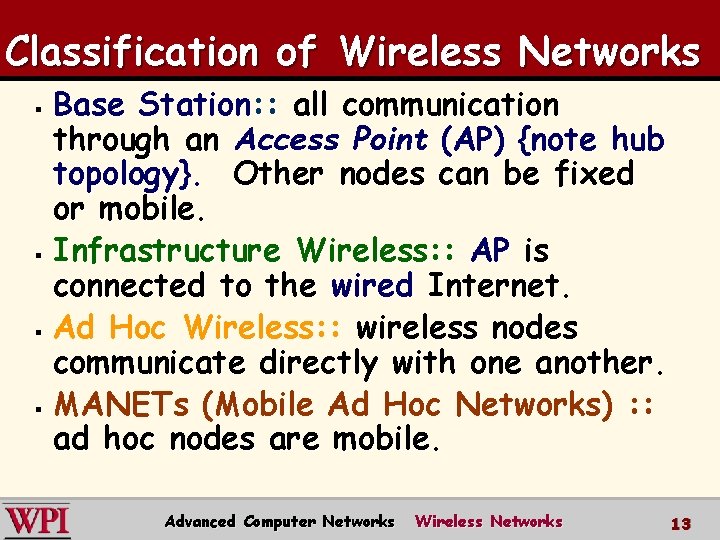 Classification of Wireless Networks Base Station: : all communication through an Access Point (AP)