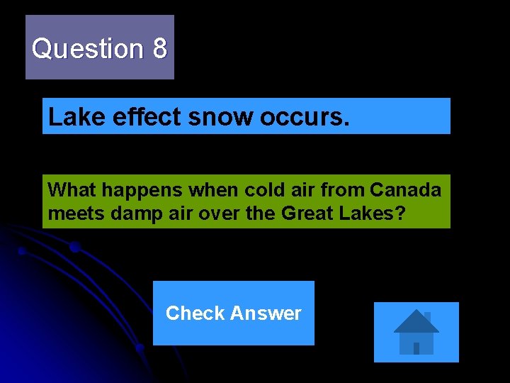 Question 8 Lake effect snow occurs. What happens when cold air from Canada meets