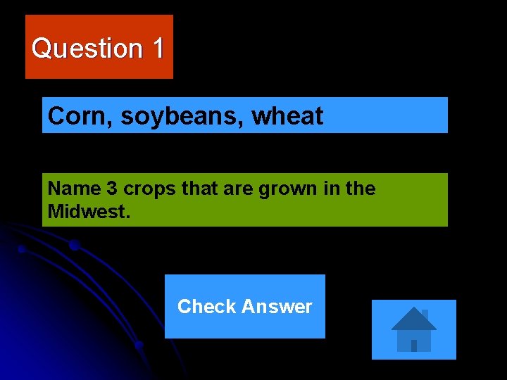 Question 1 Corn, soybeans, wheat Name 3 crops that are grown in the Midwest.