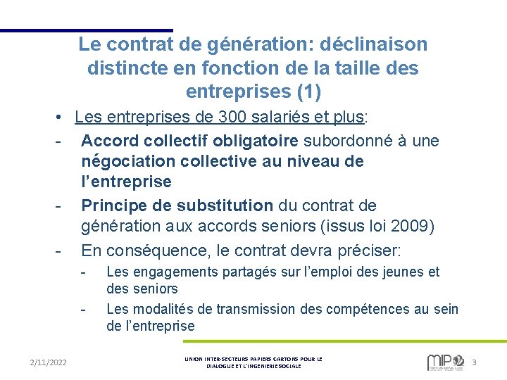 Le contrat de génération: déclinaison distincte en fonction de la taille des entreprises (1)