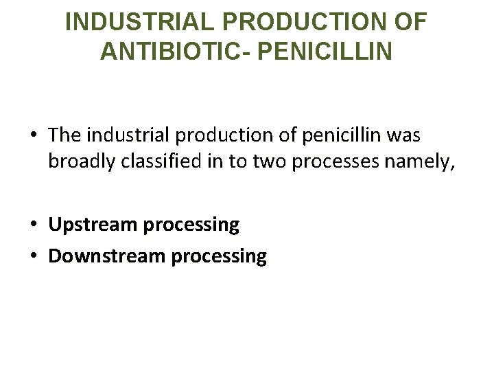 INDUSTRIAL PRODUCTION OF ANTIBIOTIC- PENICILLIN • The industrial production of penicillin was broadly classified