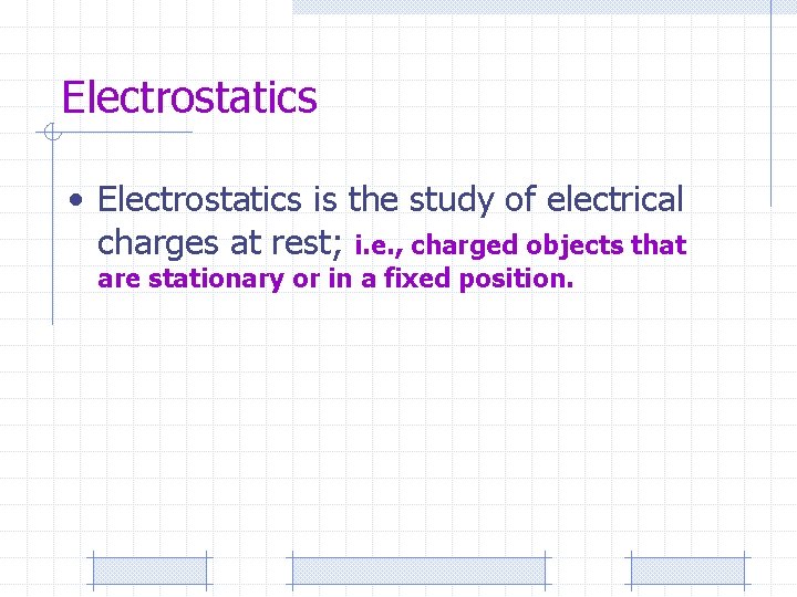 Electrostatics • Electrostatics is the study of electrical charges at rest; i. e. ,