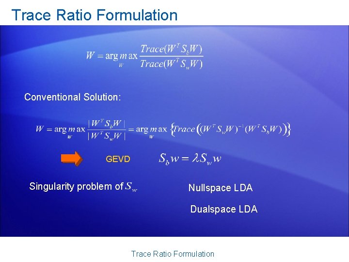 Trace Ratio Formulation Conventional Solution: GEVD Singularity problem of Nullspace LDA Dualspace LDA Trace