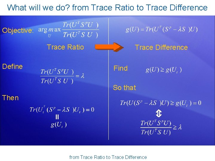 What will we do? from Trace Ratio to Trace Difference Objective: Trace Ratio Define