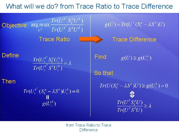 What will we do? from Trace Ratio to Trace Difference Objective: Trace Ratio Define