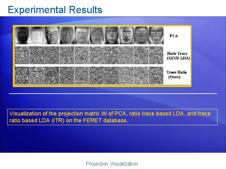 Experimental Results Visualization of the projection matrix W of PCA, ratio trace based LDA,