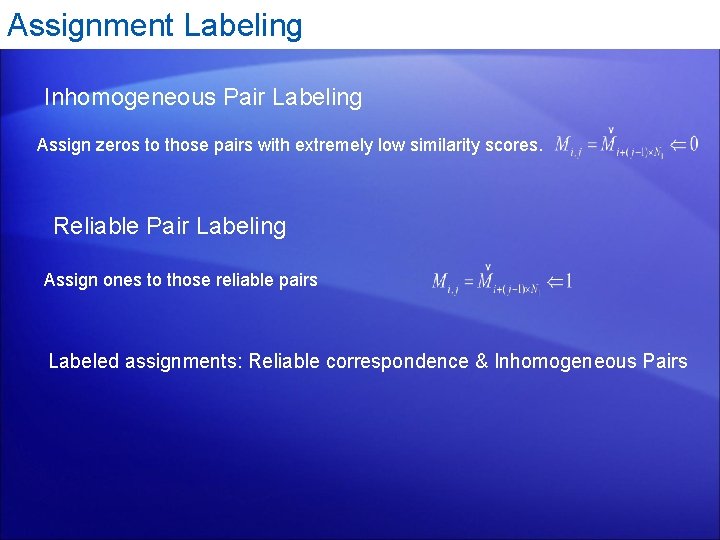 Assignment Labeling Inhomogeneous Pair Labeling Assign zeros to those pairs with extremely low similarity