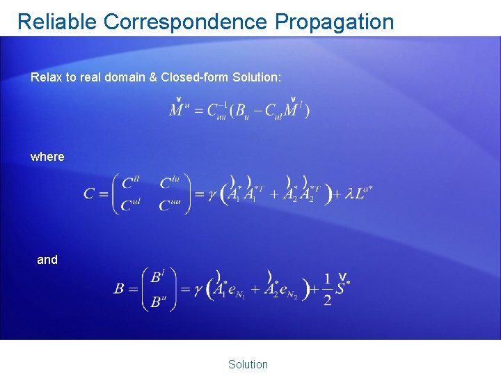 Reliable Correspondence Propagation Relax to real domain & Closed-form Solution: where and Solution 