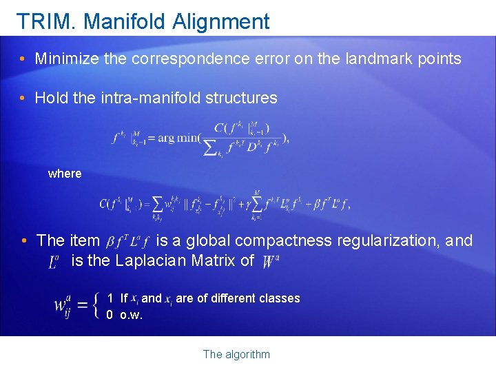 TRIM. Manifold Alignment • Minimize the correspondence error on the landmark points • Hold